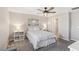 Comfortable bedroom featuring a ceiling fan, stylish décor and neutral color palette at 3281 Pergusa Dr, Henderson, NV 89044
