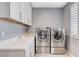 Clean and modern laundry room with sleek washer and dryer units, bright lighting, and ample counter space at 795 Glistening Light Ct, Henderson, NV 89052