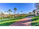 Picturesque landscaping with mature palm trees, manicured lawns, and paved walking paths under a bright blue sky at 10580 Riva Grande Ct, Las Vegas, NV 89135