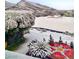 Snowy winter scene in the backyard, with a unique lotus and figure statues at 11680 Evergreen Creek Ln, Las Vegas, NV 89135
