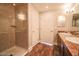 Bathroom with double vanity, walk-in shower, and modern fixtures at 150 N Las Vegas Blvd # 804, Las Vegas, NV 89101