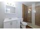 Modern bathroom with a white vanity and wood-look tile shower with glass door at 1700 Ivanhoe Way, Las Vegas, NV 89102