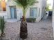 Low-maintenance backyard showcasing gravel landscaping, a small patio, and a view of the home's exterior at 5481 Railroad River Ave, Las Vegas, NV 89139