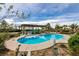 Backyard pool featuring a covered patio with outdoor seating, surrounded by mature landscaping at 6915 Cedar Basin Ave, Las Vegas, NV 89142