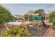 Large backyard with a playset, seating area, and swimming pool, perfect for Gathering fun at 7690 Blue Whirlpool St, Las Vegas, NV 89131