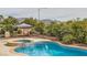 Sparkling pool with spa and picturesque mountain views, surrounded by tropical landscaping at 7690 Blue Whirlpool St, Las Vegas, NV 89131