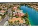 An aerial view features a waterfront neighborhood with terracotta tile roofs and mature palm trees at 8132 Bay Harbor Dr, Las Vegas, NV 89128