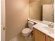Cozy half bathroom featuring a vanity with solid surface countertop and neutral decor at 9849 Ridge Hill Ave, Las Vegas, NV 89147