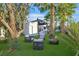 Lush backyard oasis featuring tropical landscaping and comfortable seating, offering a tranquil retreat at 8717 Kingship Ct, Las Vegas, NV 89129