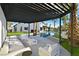 Outdoor living space with a covered patio, modern furniture, and a sparkling pool, perfect for entertaining at 8717 Kingship Ct, Las Vegas, NV 89129