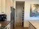 View of the kitchen with stainless steel appliances and custom spice rack at 10398 Addie De Mar Ln, Las Vegas, NV 89135