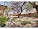 Large backyard features mature trees, desert landscaping, rock accents, and privacy wall at 10847 Intro Ave, Las Vegas, NV 89135