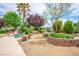 Lush landscaped backyard with desert plants, mature shade trees, and winding walkways that lead to an outdoor lounge at 3101 Margarita St, Pahrump, NV 89048