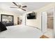 Bedroom featuring a ceiling fan, TV, and attached bathroom and dining area at 7950 W Flamingo Rd # 2142, Las Vegas, NV 89147