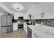 Well-lit kitchen with stainless steel appliances, white cabinets, and stylish backsplash at 3930 University Center Dr # 909, Las Vegas, NV 89119