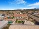 Aerial view of backyard with pool, patio, desert landscaping, and a manicured lawn at 78 Siddall Ave, Las Vegas, NV 89183
