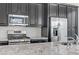 Close-up view of the kitchen's stainless steel appliances and granite countertops with modern backsplash at 783 Hibiscuss Blossom St, Henderson, NV 89011