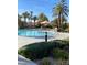 Community pool area with palm trees, lounge chairs and umbrellas, with a ladder to enter the pool at 172 Tall Ruff Dr, Las Vegas, NV 89148