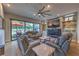 Inviting living room with a fireplace, custom built ins, comfortable seating and a view to outdoor living space at 1912 Glenview Dr, Las Vegas, NV 89134