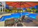 Inviting pool and spa area with umbrellas, chairs, and lush landscaping perfect for outdoor relaxation and entertaining at 1912 Glenview Dr, Las Vegas, NV 89134