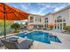 Inviting pool and spa with multiple seating areas and outdoor kitchen at 1912 Glenview Dr, Las Vegas, NV 89134