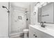 Modern bathroom featuring a stylish tile shower with black fixtures and updated vanity at 4980 Becky Pl, Las Vegas, NV 89120