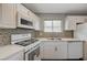 Stylish kitchen with stainless steel appliances, white cabinets and countertops, and tile backsplash at 5065 Atherton St, Las Vegas, NV 89120