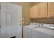Convenient laundry area with washer, dryer, and storage cabinets near back door at 228 Lorryn Ln # 2, Boulder City, NV 89005