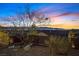 Backyard at sunset with rock landscaping, shrubs, mature trees and views of the city lights at 3042 Lake Barkley Rd, Henderson, NV 89052