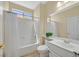Bright bathroom with a shower-tub combo and single vanity, offering a clean and functional space at 3042 Lake Barkley Rd, Henderson, NV 89052