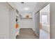 This walk-in closet has built-in shelving, carpeted floors, and bathroom access at 3728 White Lion Ln, North Las Vegas, NV 89084
