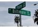 Street sign showing 'N Biltmore DR' and 'E Palm LN' street names and numbers in a residential neighborhood at 110 Palm Ln, Las Vegas, NV 89101