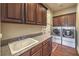 The laundry room includes a sink, granite countertops, and modern washer and dryer units at 79 Rezzonico Dr, Henderson, NV 89011