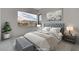 Staged bedroom featuring a tufted headboard, bench, mountain views and stylish decor at 3980 Heron Fairway Dr, Las Vegas, NV 89141
