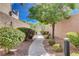 Landscaped walkway with mature shade tree and bushes leading to a community gate at 4129 Fabulous Finches Ave, North Las Vegas, NV 89084