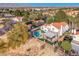 Aerial view of a private backyard with a sparkling pool, covered patio, and well-manicured landscaping at 5501 Painted Sunrise Dr, Las Vegas, NV 89149