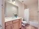 Clean bathroom with vanity, mirror and shower with curtain at 2148 Shadow Canyon Dr, Henderson, NV 89044