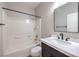 Bathroom featuring a shower over tub, modern vanity, and new fixtures at 260 Pioneers Peak, Henderson, NV 89002