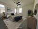 Serene bedroom with soft lighting, complemented by a padded bench, decorative wall art, and carpeted flooring at 492 Pear Lake St, Las Vegas, NV 89138