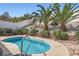 Inviting backyard pool surrounded by lush landscaping, including palm trees, shrubs, and a white fence at 841 Rusty Anchor Way, Henderson, NV 89002