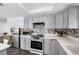 Bright kitchen with gray cabinetry, stainless steel appliances, and a modern backsplash design at 1589 Silver Mesa Way, Las Vegas, NV 89169