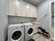 Convenient laundry room featuring a modern washer and dryer, ample cabinet space, utility sink, and storage solutions at 5518 Stormy Night Ct, Las Vegas, NV 89120
