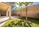 Lush backyard featuring synthetic grass, a privacy wall, and a covered patio area for outdoor living at 1077 Lemongrass Ct, Henderson, NV 89002