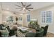 Comfortable living room with modern decor, a stylish ceiling fan and elegant furniture at 7338 Flying Pegasus Ct, Las Vegas, NV 89131