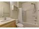 Bright bathroom with a shower-tub combination, a single sink vanity, and a clean, functional layout at 6457 Lovett Canyon St, Las Vegas, NV 89148