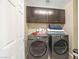 Well-organized laundry room with washer, dryer and overhead cabinets for ample storage at 7837 Hamilton Pool Dr, Las Vegas, NV 89113