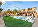 Inviting backyard featuring a sparkling pool, lush artificial turf, and an outdoor dining area, perfect for entertaining guests at 8115 Cowboy Springs St, North Las Vegas, NV 89085