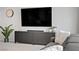 Close-up of the living room area with a modern TV stand and decorative plant at 8564 Scalpay St, Las Vegas, NV 89166