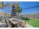 Backyard with covered table and artificial turf, ideal for outdoor entertaining and low-maintenance living at 8725 Hawk Canyon St, Henderson, NV 89074