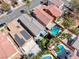 Aerial view of a neighborhood, showing several homes with pools and well manicured lawns at 4921 Lazy Day Ct, Las Vegas, NV 89131